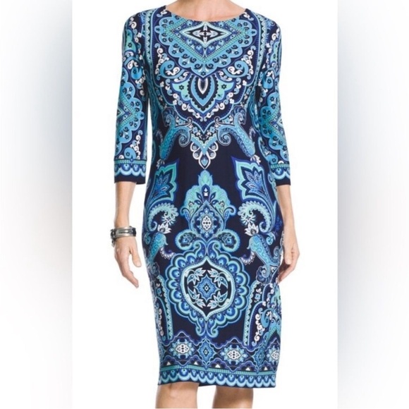 Chico’s Paisley Dress Size 1 (Medium) Blue 3/4 Sleeves Stretch Vacation - Picture 11 of 13